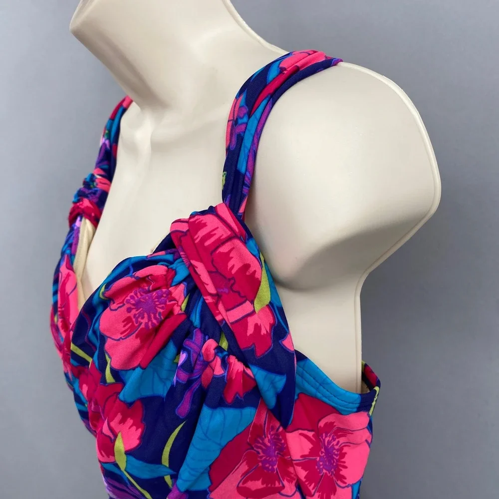 Lands End Floral One Piece Swimsuit Womens 16W Retro Twist Front Swimwear Mod‎